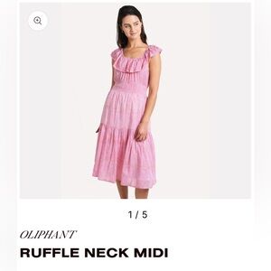 Oliphant Ruffle neck Midi Dress Tiered L large Pink Preppy 100% cotton shoulder